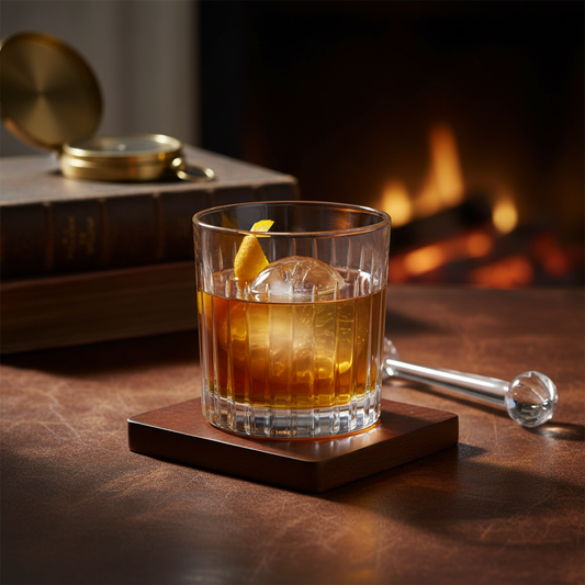 Glass of whiskey with a lemon twist on a coaster in front of a fireplace