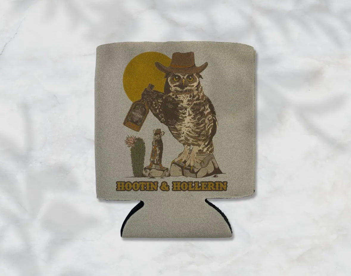 "Hootin & Hollerin" Owl Cowboy Koozie image 0