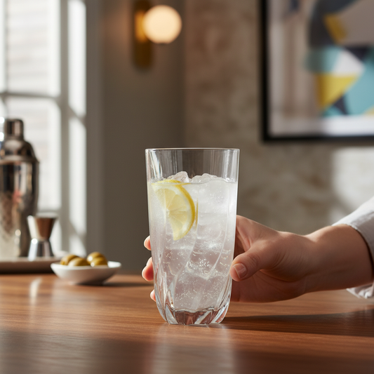 Hand holding a glass of iced water with a lemon wedge on a wooden table.