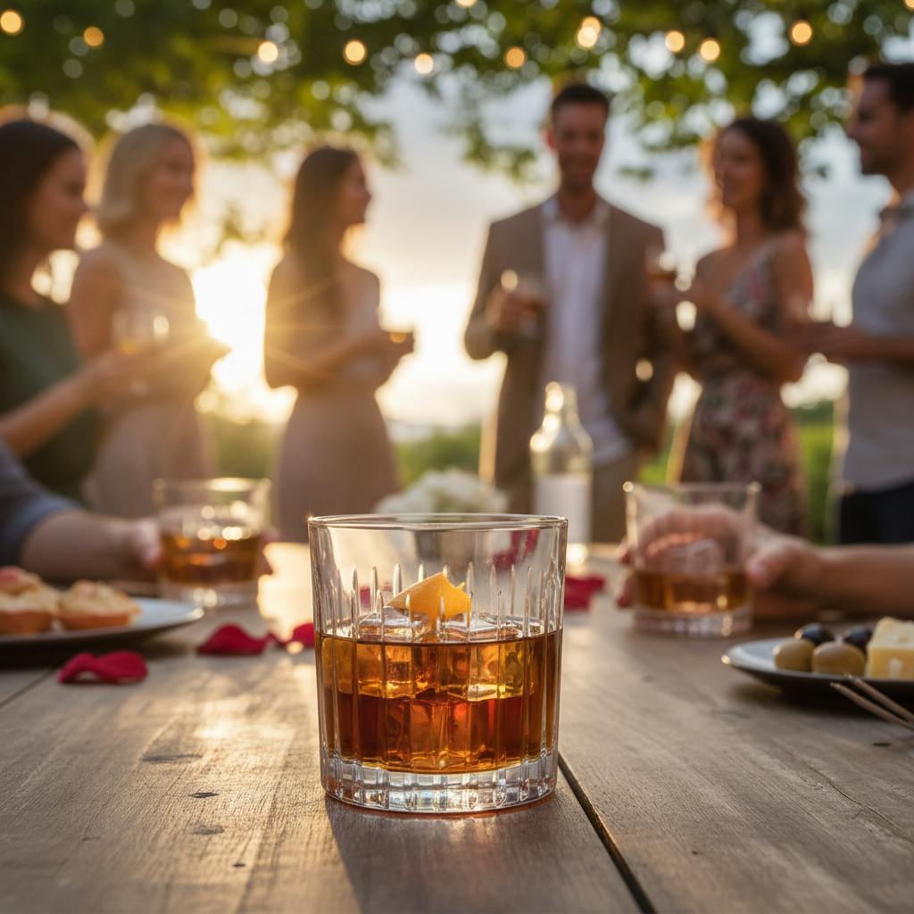 Glass of whiskey on a wooden table with people socializing in the background