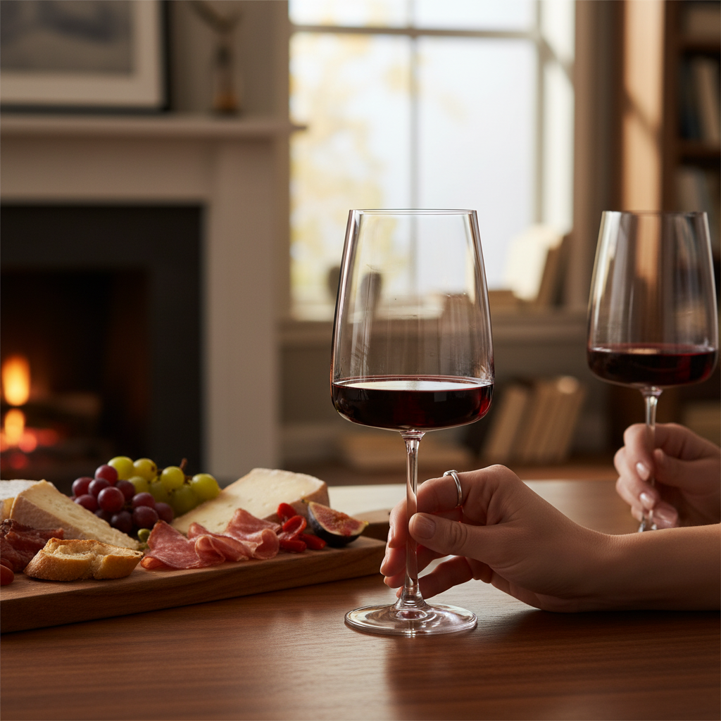 Two people holding wine glasses with a charcuterie board in a cozy room.