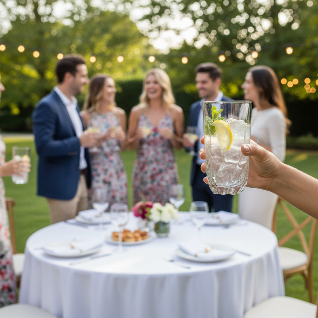 People at an outdoor gathering with a glass of lemon water in the foreground