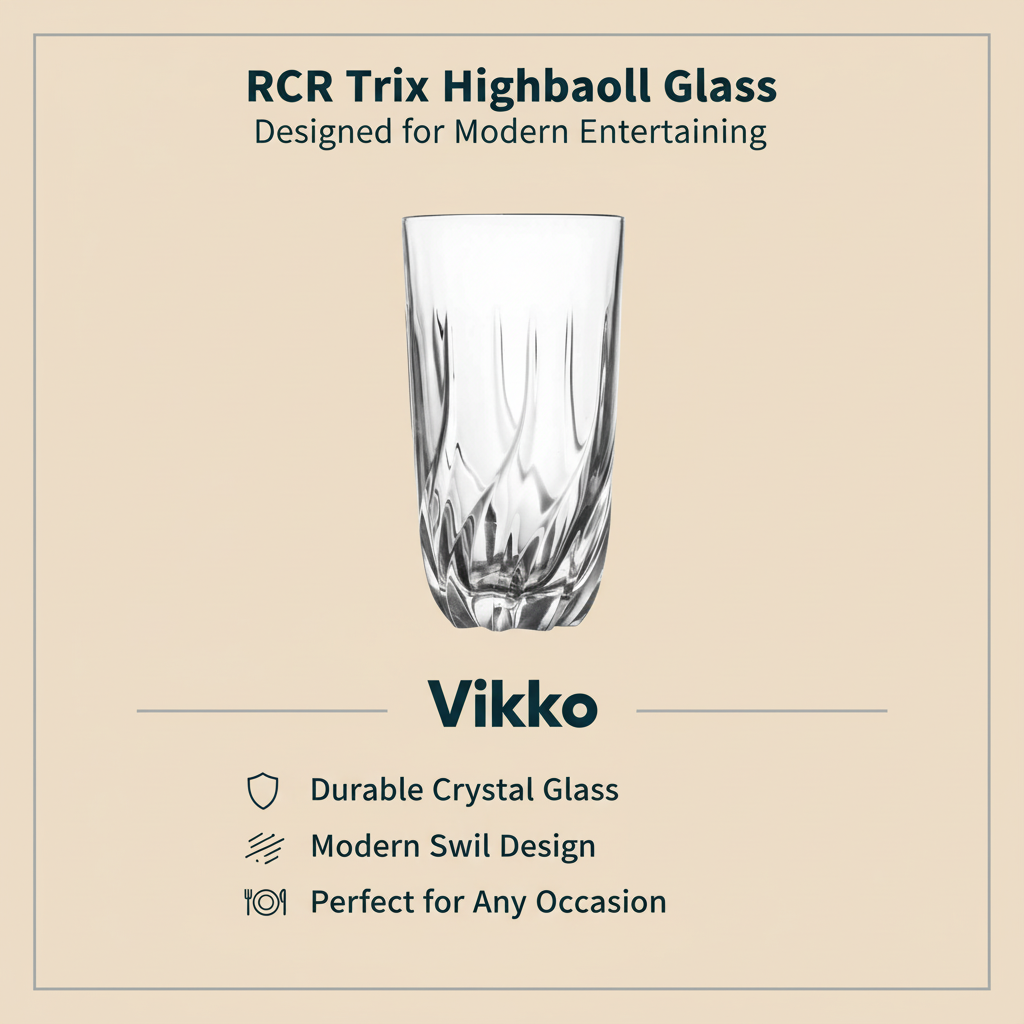 Crystal glass with text about RCR Trix Highball Glass by Vikko on a beige background
