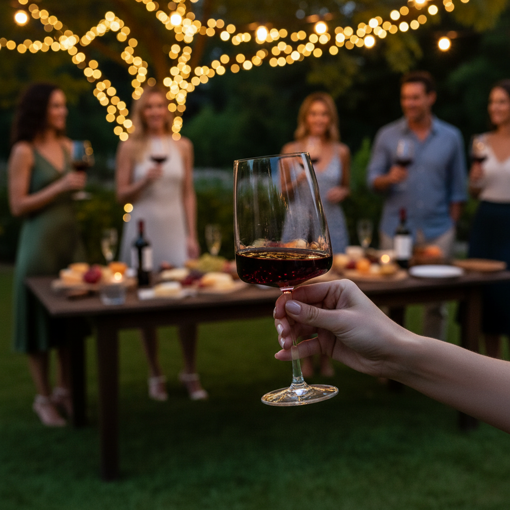 Hand holding a glass of red wine with people and lights in the background