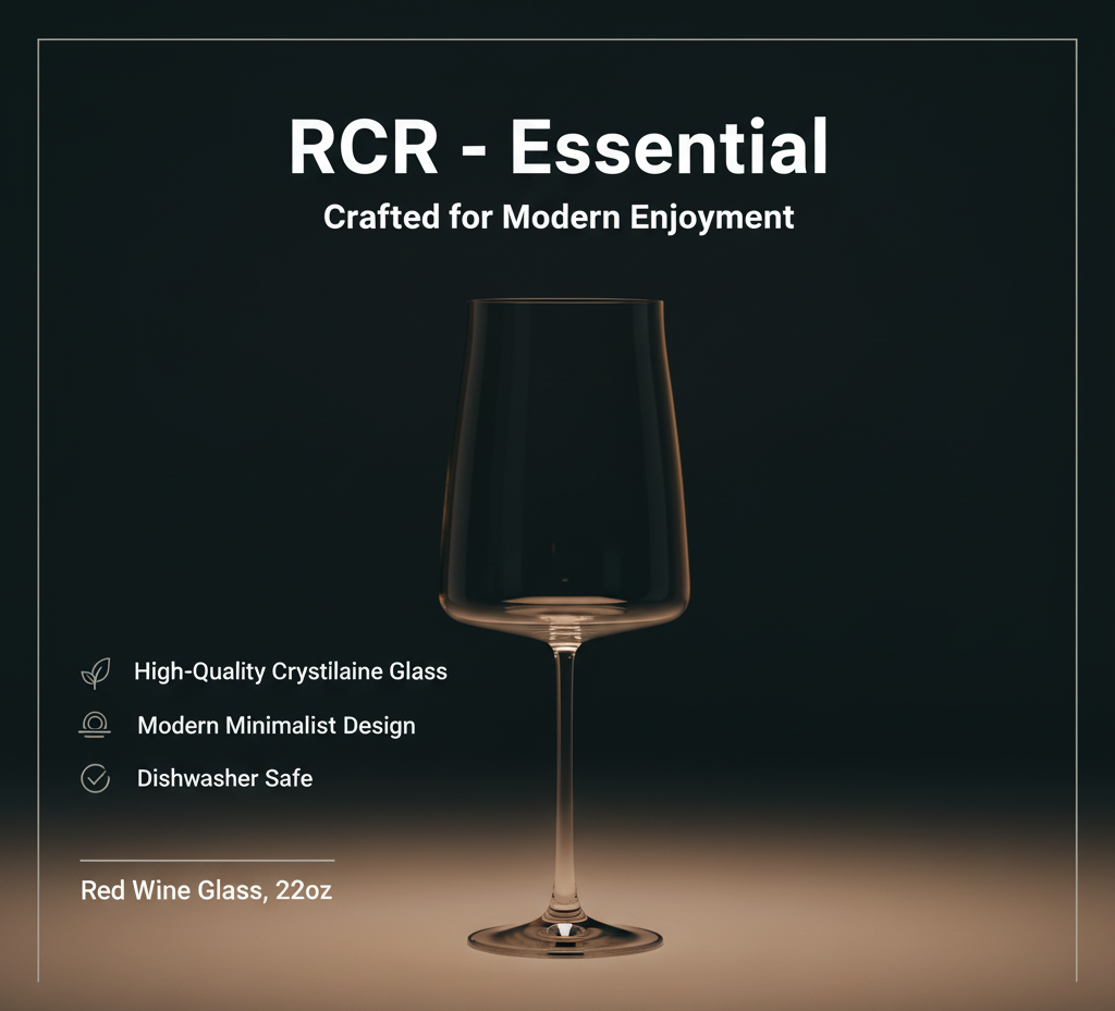 Red wine glass with RCR-Essential branding and product features on a dark background